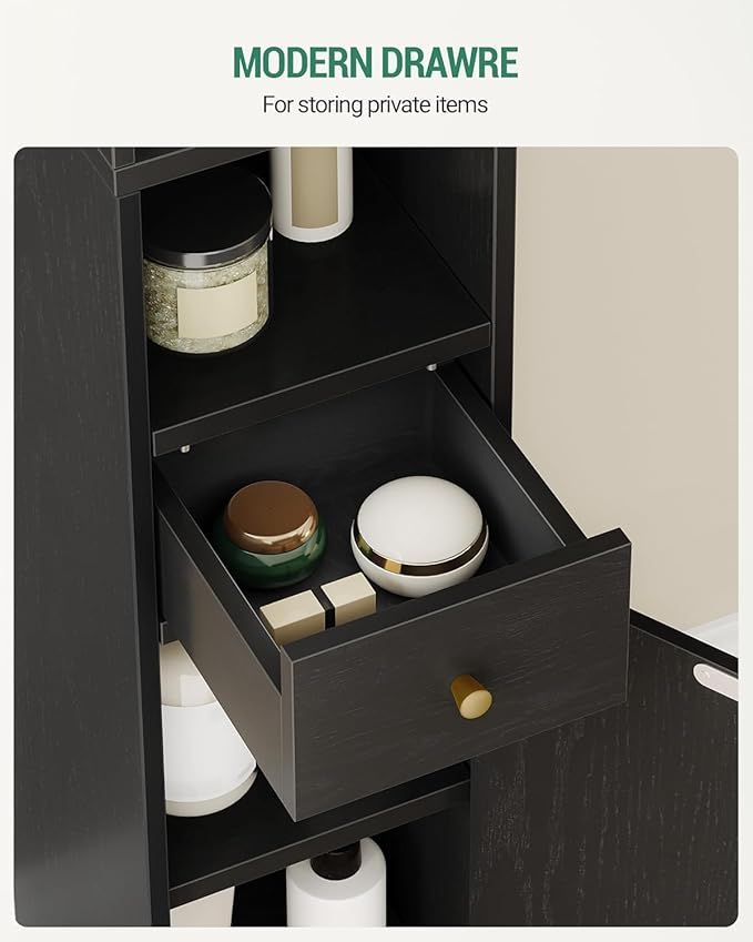 Bathroom Cabinet with Adjustable Shelves, Freestanding Floor Cabinet, Tall Black Bathroom Storage Cabinet, Narrow Toilet Paper Storage, 7.9"D x 7.9"W x 70.9"H