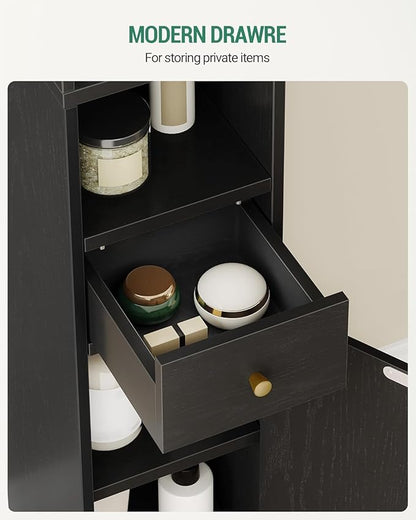 Bathroom Cabinet with Adjustable Shelves, Freestanding Floor Cabinet, Tall Black Bathroom Storage Cabinet, Narrow Toilet Paper Storage, 7.9"D x 7.9"W x 70.9"H