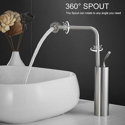 Bathroom Faucet Tall Vessel Sink Faucet Brushed Nickel - Bathroom Vanity Sink Faucet One Hole Single Handle Solid Brass, with Water Supply Hoses