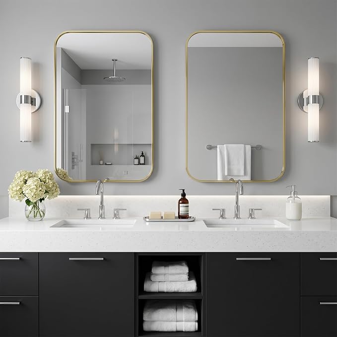 24"x30" Bruhed Gold Rectangle Vanity Bathroom Mirror, Set of 2 | Aluminum Alloy Frame, Clear Reflection, Rust-Resistant, Vertical or Horizontal, Wall Mount, Bedroom and Entryway