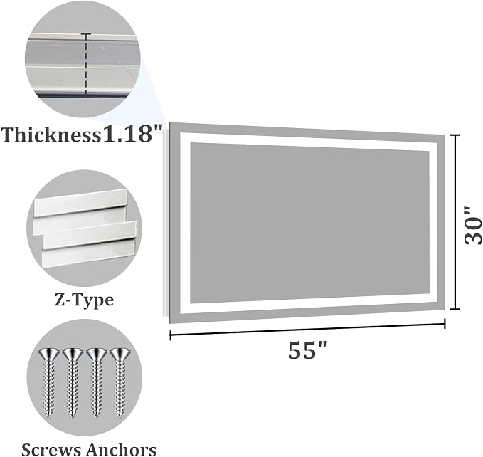 Koonmi 55x30 LED Bathroom Mirror, Shatterproof Mirror with Light | 90CRI Vanity Mirror with Anti-fog Backlit + Front Lit, 3 Color, Easy Install for Bathroom Hotel (IP65)