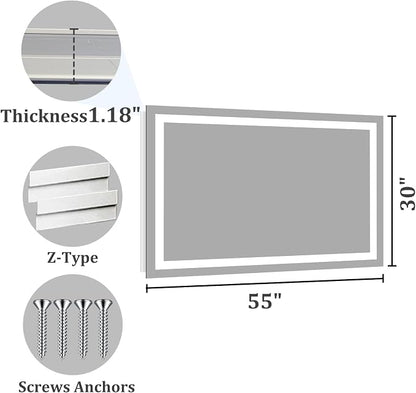 Koonmi 55x30 LED Bathroom Mirror, Shatterproof Mirror with Light | 90CRI Vanity Mirror with Anti-fog Backlit + Front Lit, 3 Color, Easy Install for Bathroom Hotel (IP65)
