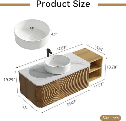 48" Floating Bathroom Vanity with Sink, Mid-Century Wall Mounted Bathroom Vanity Cabinet with Wood Waved Decor,Ceramic Vessel Basin and Sintered Stone Top, Soft Close Drawer, Side Open Cube