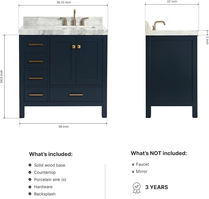 ARIEL Cambridge 36-inch Bathroom Vanity with Sink,Solid Wood, 2-inch Italian Carrara Marble Countertop, Single Rectangular Porcelain Sink, 2 Soft Closing Doors, 5 Dovetail Drawers, Midnight Blue