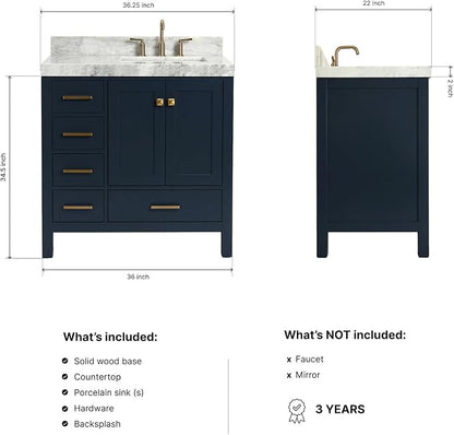 ARIEL Cambridge 36-inch Bathroom Vanity with Sink,Solid Wood, 2-inch Italian Carrara Marble Countertop, Single Rectangular Porcelain Sink, 2 Soft Closing Doors, 5 Dovetail Drawers, Midnight Blue