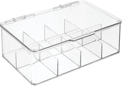 mDesign Plastic First Aid Kit Storage Box with Clear Top Lid for Bathroom, Kitchen, Cabinet, Closet, Drawer - Organizes Medicine, Ointments, Adhesive Bandages, Dental, 8 Divided Sections - Clear