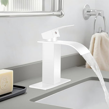 White Bathroom Faucets, Waterfall Bathroom Sink Faucet Modern Single Handle Bathroom Faucte 1 or 3 Hole, RV Mixer Tap Vanity Faucet - Includes Pop-up Drain Supply Hoses Deck Plate