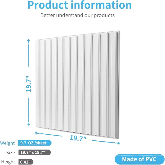 Art3d 3D Fluted Textured Slat Wall Panels, 19.7 x 19.7 in, 12-Pack, White | PVC, Waterproof, Scratch Proof, Wipeable, Break-Proof, Ideal for Home, Office and Commercial Spaces