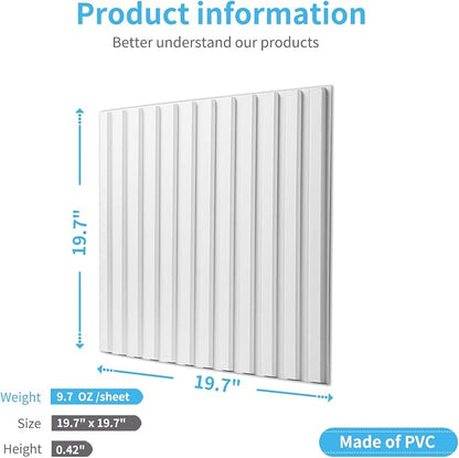 Art3d 3D Fluted Textured Slat Wall Panels, 19.7 x 19.7 in, 12-Pack, White | PVC, Waterproof, Scratch Proof, Wipeable, Break-Proof, Ideal for Home, Office and Commercial Spaces