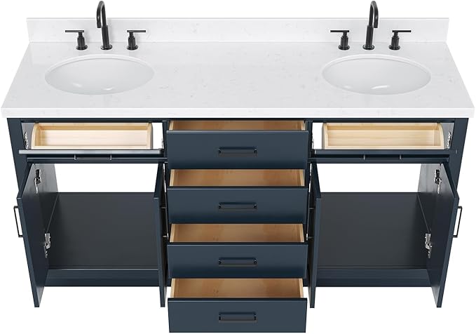 ARIEL Hepburn 66-inch Bathroom Vanity with Sink,Solid Wood, 1.5-inch Carrara White Quartz Countertop, Double Oval Porcelain Sink, 4 Soft Closing Doors, 6 Dovetail Drawers, Midnight Blue