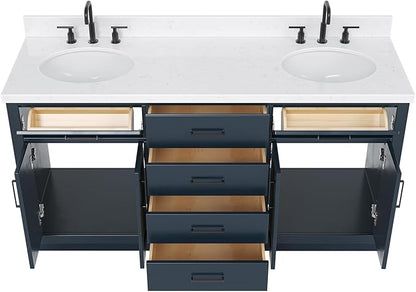 ARIEL Hepburn 66-inch Bathroom Vanity with Sink,Solid Wood, 1.5-inch Carrara White Quartz Countertop, Double Oval Porcelain Sink, 4 Soft Closing Doors, 6 Dovetail Drawers, Midnight Blue
