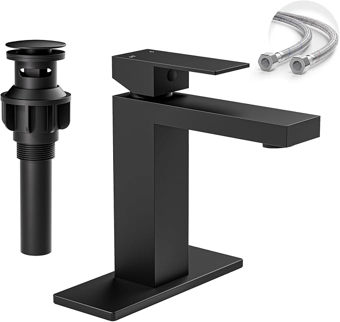 Black Bathroom Faucet, SUS304 Stainless Steel Lead-Free | Vanity Faucet with Deck Plate & Pop-Up Drain, Single/3 Hole Installation, for Farmhouse,Bathroom Sink,Vanity, Washbasin, RV,