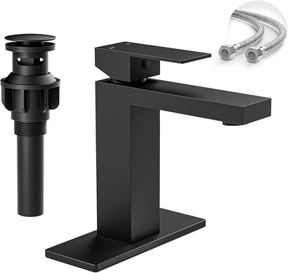 Black Bathroom Faucet, SUS304 Stainless Steel Lead-Free | Vanity Faucet with Deck Plate & Pop-Up Drain, Single/3 Hole Installation, for Farmhouse,Bathroom Sink,Vanity, Washbasin, RV,