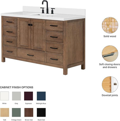 ARIEL Cambridge 60-inch Bathroom Vanity with Sink,Solid Wood, 1.5-inch Pure White Quartz Countertop, Single Rectangular Porcelain Sink, 2 Soft Closing Doors, 9 Dovetail Drawers, Brown Oak