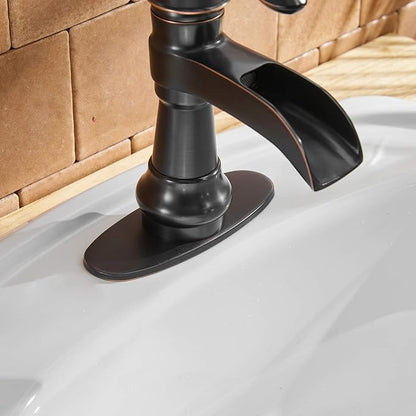 BWE Bathroom Sink Faucet Oil Rubbed Bronze Waterfall Bathroom Faucets for Sink 1 Hole Single with Pop Up Drain Assembly and Supply Hose Single Handle Farmhouse Vanity Bath Faucet