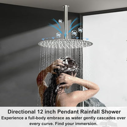 Shower Systems Round Shower Faucet Set, 12+6"Dual Rainfall Shower head with 2 in 1 Handheld Spray, Ceiling Mount Push Button with Shower Set Valve and Trim Kit Brushed Nickel,Can Use All at Once