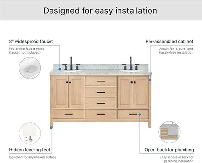 ARIEL Cambridge 66-inch Bathroom Vanity with Sink,Solid Wood, 1.5-inch Italian Carrara Marble Countertop, Double Oval Porcelain Sink, 4 Soft Closing Doors, 6 Dovetail Drawers, White Oak