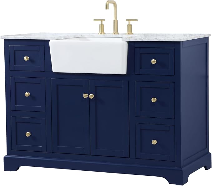 48" Pre-Assembled Bathroom Vanity with Sink, Solid Birch and MDF, Carrara White Marble Countertop Attached, Single Rectangle Porcelain Sink, 6 Soft-Close Drawers, Blue