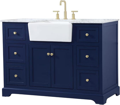 48" Pre-Assembled Bathroom Vanity with Sink, Solid Birch and MDF, Carrara White Marble Countertop Attached, Single Rectangle Porcelain Sink, 6 Soft-Close Drawers, Blue