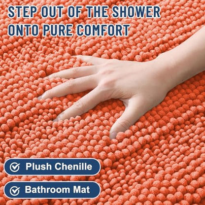 Grandaily Chenille Striped Bathroom Rugs 30x20, Extra Thick and Absorbent Bath Mats, Non-Slip Soft Plush Shaggy Shower Carpet, Machine Wash Dry, Bath Rug for Bathroom, (Medium, Coral Orange)