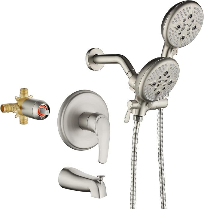L829-2 Brushed Nickel Shower Faucet Set - Complete Dual Shower Head & Handheld Combo, Tub Spout & Trim Kit