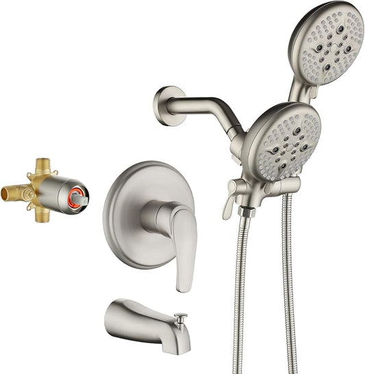 L829-2 Brushed Nickel Shower Faucet Set - Complete Dual Shower Head & Handheld Combo, Tub Spout & Trim Kit