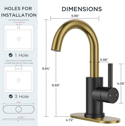 FORIOUS Black and Gold Bathroom Sink Faucet 1 or 3 Hole with Metal Pop Up Drain and Hoses, Single Handle Vanity Faucet for Bathroom Vanity Bar Kitchen RV, 360° Swivel High Arc Spout