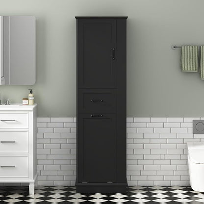 Merax 68" Bathroom Storage Cabinet with One Door, One Drawer and Laundry Hamper, Left or Right Orientation Available, Adjustable Shelf, Black