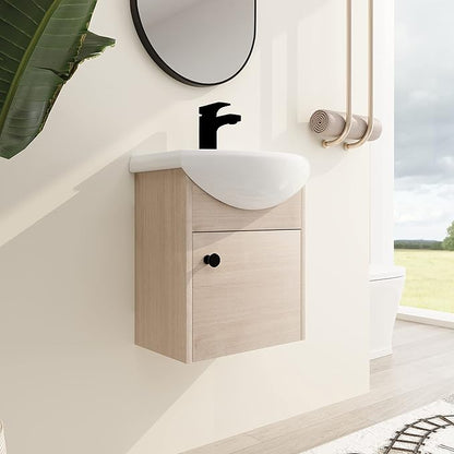 Malwee 18" Floating Bathroom Vanity with Sink, 18 Inch Wall Mounted Bathroom Cabinet Single Sink Combo, with 1 Soft Close Door and White Ceramic Basin Top for Small Space, Space-Saving Design (023-18)