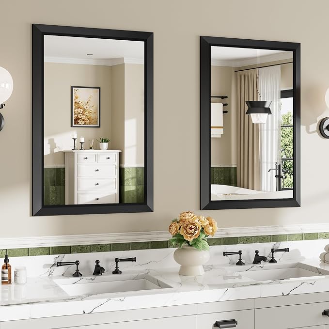 2-Pack 24x36 Inch Black Bathroom Mirror for Wall, Thick Metal Framed Rectangle Mirrors for Over Sink, Bedroom, Living Room, Entryway, Anti-Rust, HD Tempered Glass