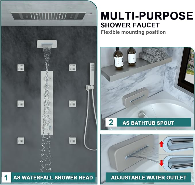 HOMEDEC LED Multi Functions Full Body Shower System with 6pcs Body Jets Spray with（Up/Down）Shower Spout, Large 3 In 1 Functions 14x20inch Showerhead, Rainfall Mist Shower Faucet Set, Brushed Nickel