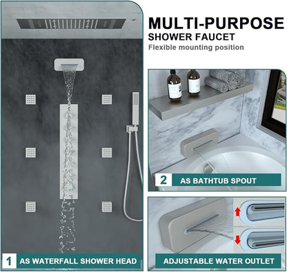 HOMEDEC LED Multi Functions Full Body Shower System with 6pcs Body Jets Spray with（Up/Down）Shower Spout, Large 3 In 1 Functions 14x20inch Showerhead, Rainfall Mist Shower Faucet Set, Brushed Nickel