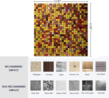 10 Pcs Peel and Stick Backsplash Mosaic Tiles, Self-Adhesive Wall Tile, Waterproof Oil Proof Stick On Tile for Kitchen, Bathroom Vanity, Fireplace & Laundry Room Decor (Gold+Red Printing)