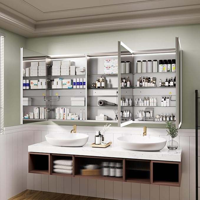 Recessed Medicine Cabinet with Mirror 48 x 30 Inch Led Medicine Cabinet for Bathroom Wall Mount Lighted Medicine Cabinet with Storage, 3 Colour Lights Dimmable Defog, Time/Temp Display