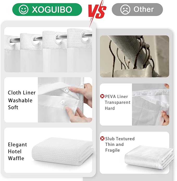 No Hook Shower Curtain with Liner Set Hotel Waffle Curtain White 48W X 75L | Washable Snap in Fabric Liner, Mesh Top Window, Waffle Hotel Style Shower Curtain Set