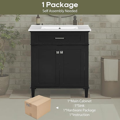 Favfurish 30" Bathroom Vanity with Ceramic Sink,Undermount Single Basin Bath Vanity Set w/2 Soft-Close Doors and Adjustable Shelf,Modern Freestanding Storage Cabinet,Solid Wood Frame,Black