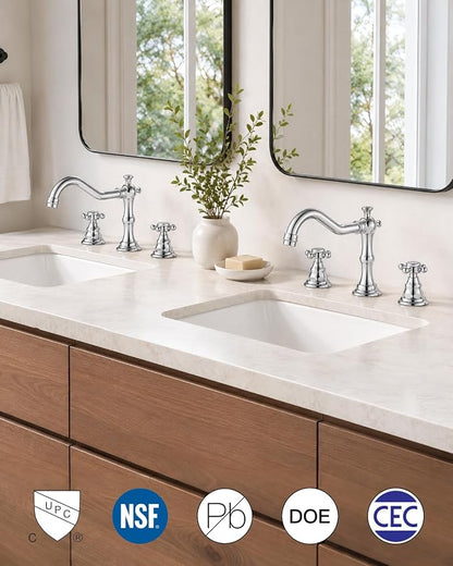gotonovo 3 Hole 8’’ Widespread Bathroom Sink Faucet Polished Chrome | Vintage Bathroom Faucet,2 Cross Handle,6-16’’ Sink,Vanity,Basin,RV,Farmhouse,SUS304,24’’ cUPC Hose Pop Up Drain,Deck Mount