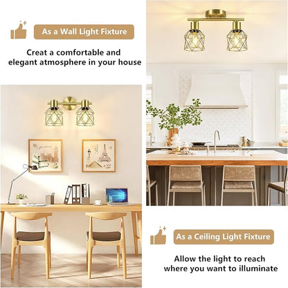Baocuz 2-Lights Kitchen Track Lighting Ceiling, Adjustable Multi-Directional Gold Ceiling Light Fixtures, Rotatable Farmhouse Light Fixtures Ceiling Mount with Metal Cage for Dining Room, Living Room