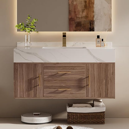 39.3" Floating Bathroom Vanity Set, Modern Wall-Mounted Vanity with Sintered Stone Countertop, Undermount Sink & Walnut Finish, Easy to Clean