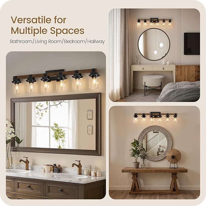 6-Light Bathroom Light Fixtures, Farmhouse Vanity Lights for Bathroom with Glass Square Shade, Rustic Vanity Lights, Sconce Wall Light, E26 Base (Bulbs Not Included), ETL Listed FS12BD05