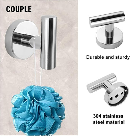 5 Piece Modern Style Wall Mounted Bathroom Hardware Set | #304 Stainless Steel, 24" Towel Bar Mount, Towel Rings, L Shape Toilet Paper Holder, Bathrobe Hook (Chrome)