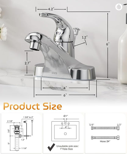 WOWOW Bathroom Faucet 1 Handle Low Arc Single Handle 4 inch Centerset Bathroom Sink Faucet with Lift Rod Drain Assembly Basin Mixer Tap Chrome Vanity Taps