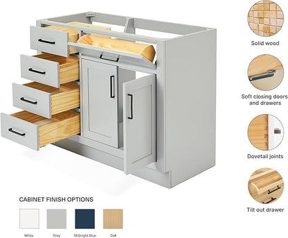 ARIEL Hepburn 42-inch Bathroom Vanity Base Cabinet,Solid Wood, 2 Soft Closing Doors, 5 Dovetail Drawers, Grey