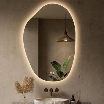 Keonjinn Irregular Backlit Mirror Bathroom, 24 x 36 in Asymmetrical LED Bathroom Mirror with Tempered Glass, UL-Listed LED Driver, Stepless Dimmable with 3 Colors, Defogging(Horizontal/Vertical)