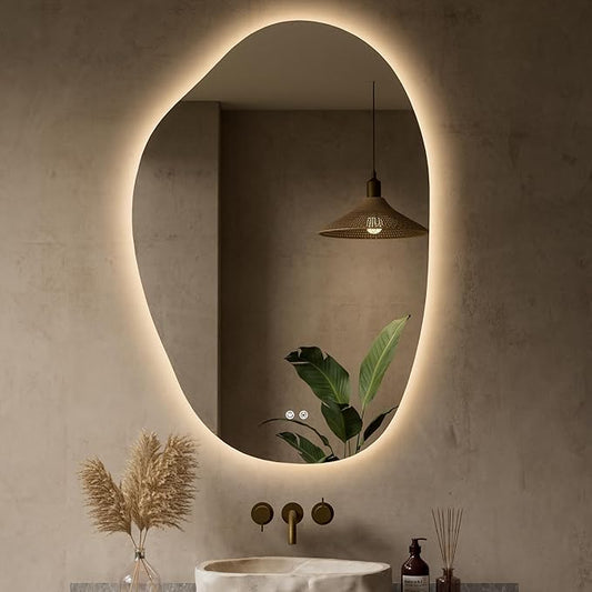 Keonjinn Irregular Backlit Mirror Bathroom, 24 x 36 in Asymmetrical LED Bathroom Mirror with Tempered Glass, UL-Listed LED Driver, Stepless Dimmable with 3 Colors, Defogging(Horizontal/Vertical)