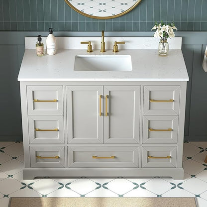 48 Inch Bathroom Vanity with Sink Combo, Solid Wood Frame with Mable Top &Backspalsh, Fully-Assembled with Soft-Closing Doors & 7 Drawers, Greige