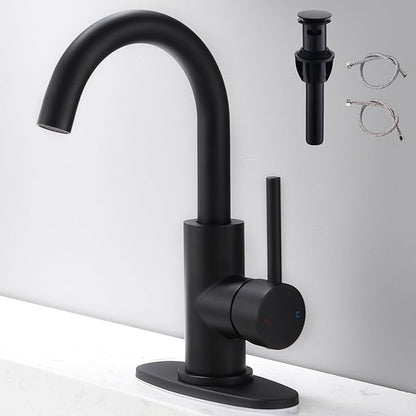 Black Bathroom Faucet | Matte Black Vanity Faucets with Pop-Up Drain, Modern Single Hole Bathroom Sink Faucets with Deck Plate Single Handle Lavatory Faucet 360° Swivel Spout Bar Sink Faucet