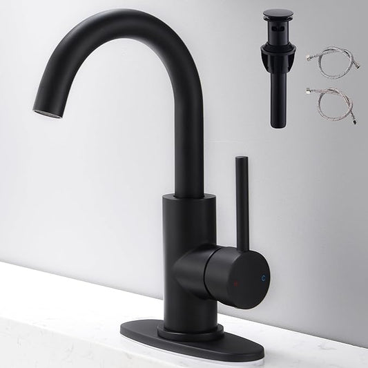 Black Bathroom Faucet | Matte Black Vanity Faucets with Pop-Up Drain, Modern Single Hole Bathroom Sink Faucets with Deck Plate Single Handle Lavatory Faucet 360° Swivel Spout Bar Sink Faucet