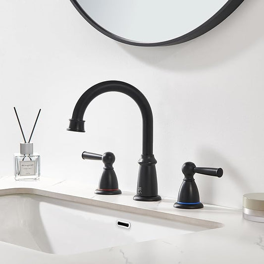 Matte Black Bathroom Faucet 3 Hole, 8-Inch Widespread Bathroom Faucet for Sink 2 Handles Vanity Restroom Faucet with Pop-Up Drain and Supply Hoses, Black