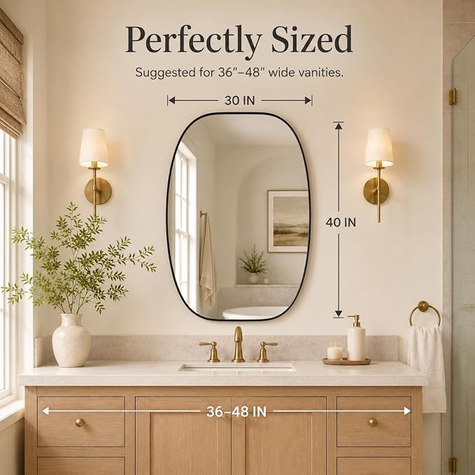 Black Oval Bathroom Mirror 30x40 Inch | Oblong Vanity Mirror, Crystal-Clear HD Glass, Rust-Proof Aluminum Frame, Elegant Inner-Curved Edge, Modern Contemporary Style